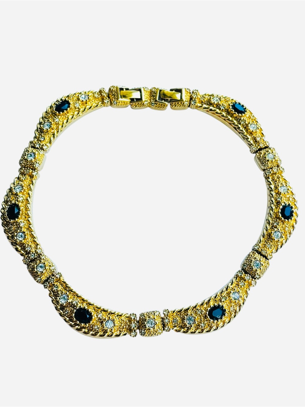 Nina Ricci Signed Vintage Black & Clear Rhinestone Gold Plated Choker Necklace